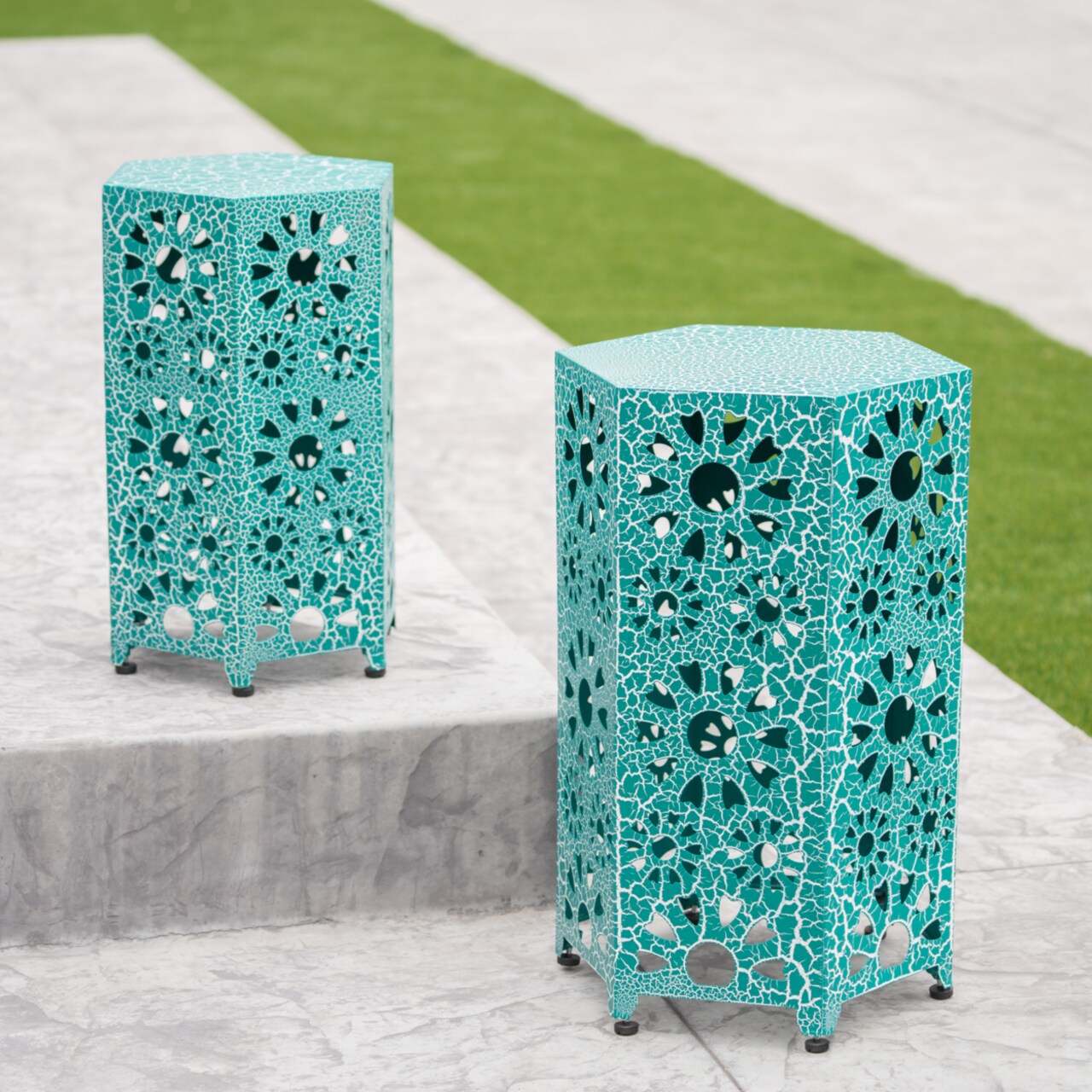 GDF Studio Elliot Outdoor 12 Inch and 14 Inch Crackle Green Sunburst Iron Side Table Set